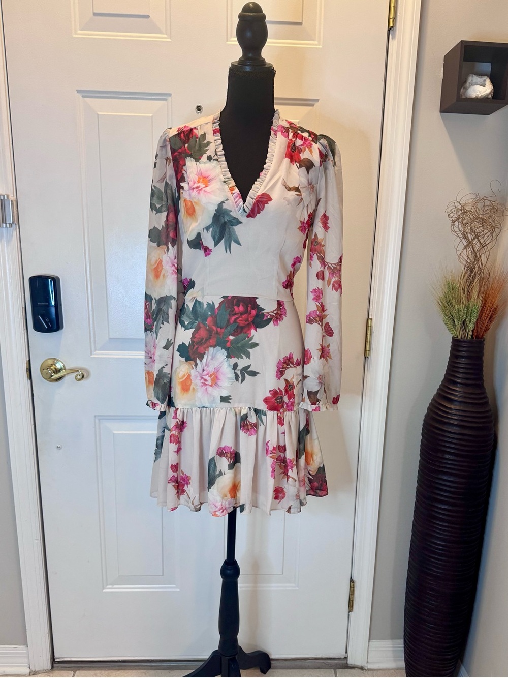 Cream Floral V-Neck Long Sleeve Ruffle Hem Dress with bell sleeves